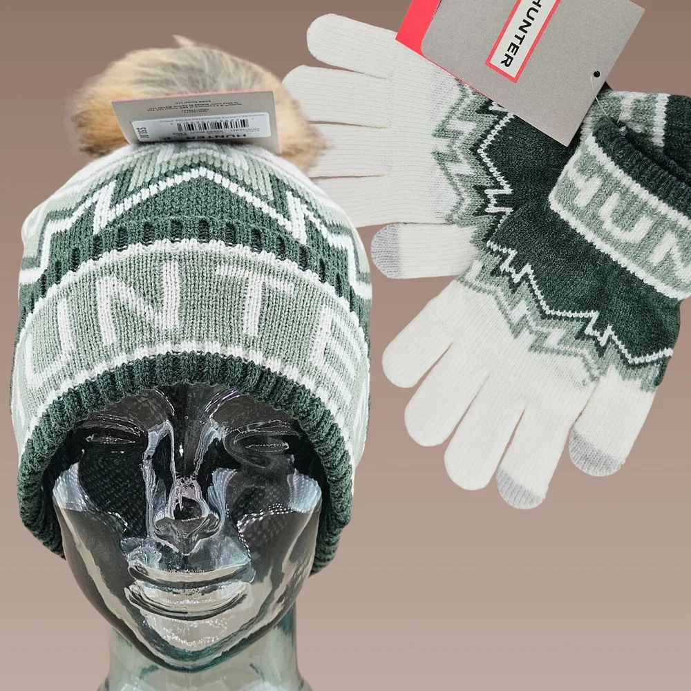 BUNDLE - Hunter Hat Beanie & Glove Set Green Multi Fair Isle Cottagecore Gift